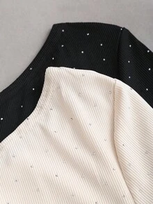 Sweetra Conjunto de 2 peças de camiseta feminina nova, sexy, chique, assimétrica, ombro de fora, bolinhas, strass, slim fit, manga comprida - Multicolorido - Ver 6