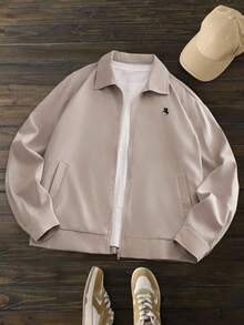 HIMLAND 男士休闲梭织马术刺绣翻领落肩夹克米色夹克男士夏季夹克男士街头时尚夹克裸色夹克男士拉链夹克，复古款，秋季，冬季 - 卡其色 - 查看 3