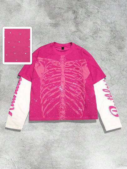 Street Life Men's Sparkling Diamond Patchwork Contrast Color Long Sleeve 2 In 1 T-Shirt, Fall