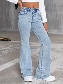 SHEIN Streecool Kids Girls' Retro High Waist Washed Blue Flared Jeans, Children Elastic Slim Fit Frayed Hem Design Denim Flared Pants, Suitable For Casual Outings And Outdoor Wear Fall Winter