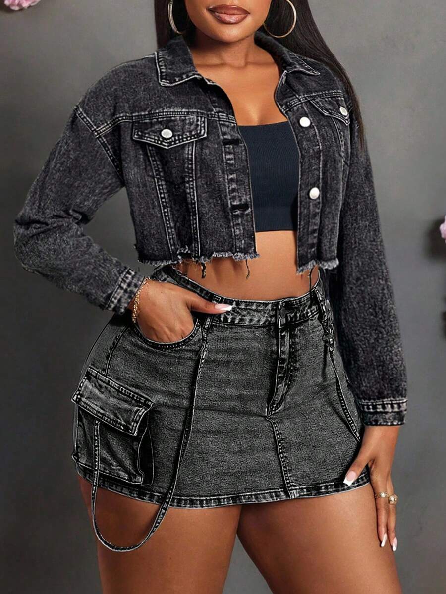 Slaydiva Damen Große Größen Denim Jacke mit ausgefransten Säumen, Lässig Frühling & Herbst Langarm Crop