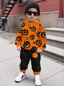 SHEIN 2 件套年轻男孩休闲经典时尚万圣节南瓜、蜘蛛、蝙蝠图案印花宽松套头连帽衫运动衫，适合秋冬季万圣节服装 - 彩色 - 查看 1