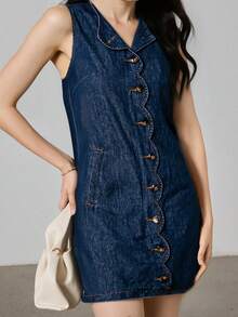 Heiryn 女士牛仔连衣裙，带口袋，波浪门襟，纽扣门襟，女装，蓝色连衣裙，直筒连衣裙，女士圆领，无袖，单纽扣口袋，牛仔连衣裙，蓝色连衣裙，蓝色女装，海军蓝连衣裙，西部连衣裙，西部女装，海军蓝女装 - 中等水洗藍 - 查看 3