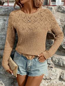 EMERY ROSE Suéter de punto casual de mujer con diseño calado y unicolor, otoño