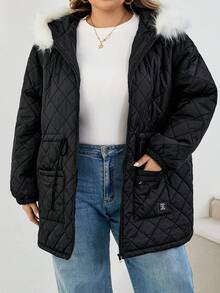 SHEIN CURVE+ Plus Size Women Front Zip Long Sleeve Pockets Fluffy Patchwork Casual Hooded, For Winter Quilted Jacket Winter Coat Outerwear Women Shackets For Women Oversized Jacket