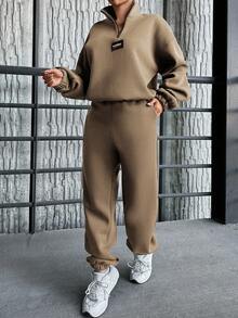 SHEIN Cottnline Cotton Letter Patched Drop Shoulder Half Zip Sweatshirt & Sweatpants - Apricot - View 4
