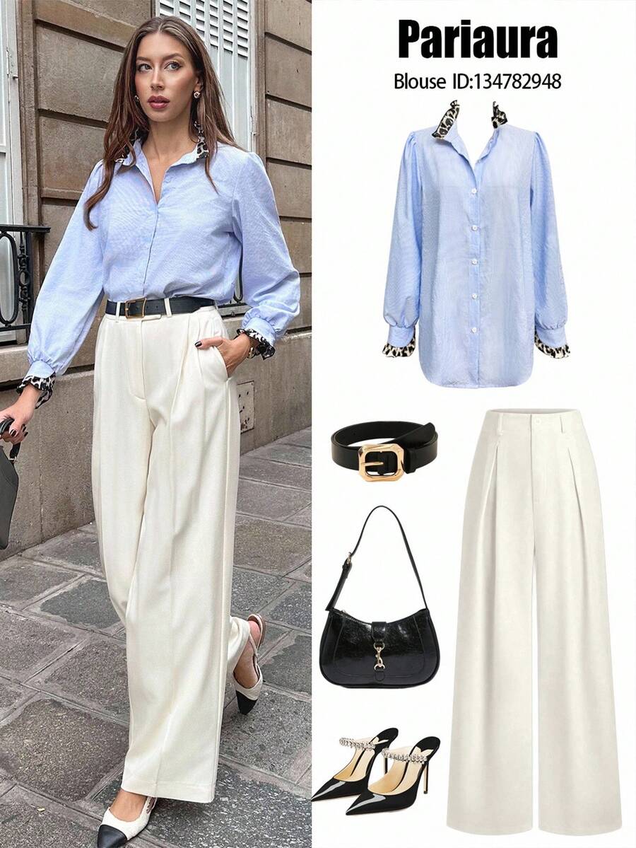 Chiquease 法式浪漫优雅毕业演唱会商务休闲老钱风静谧风通勤淡蓝色条纹衬衫长袖2025春夏秋冬度假沙滩休闲宽松居家学院风豹纹荷叶边白色纽扣新款女衬衫夏日度假阳光之旅休闲春装 - 藍色 - 查看 1