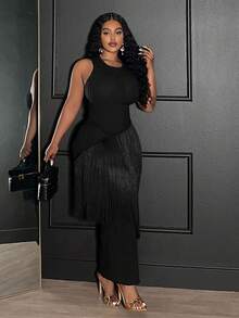 Veslaya Vestido maxi asimétrico de punto negro con parches, flecos y sin mangas para mujer talla grande, estilo vintage occidental, casual de negocios, elegante para oficina, calle, vacaciones, graduación o fiesta, colección otoño/invierno 2025