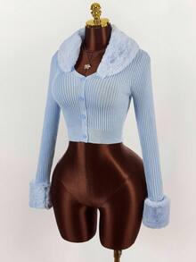 Y2K Amplova 女式休闲修身纯色长袖开衫，适合日常穿着淡蓝色上衣女式仿皮草饰边上衣秋冬 - 淺藍色 - 查看 4