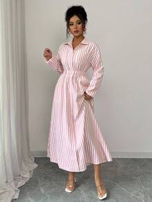 Elenzga Women's Casual Striped Self-Tie Waist Button Front Shirt Dress, Autumn Maxi Women Outfit