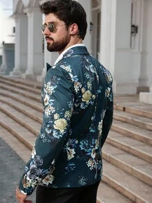 Manfinity AFTRDRK 花卉图案休闲商务通勤长袖男士西装外套 - 綠色 - 查看 2