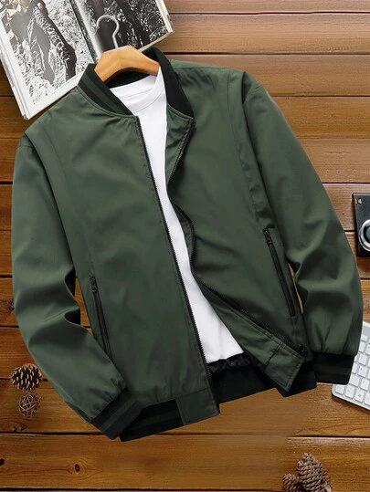 Manfinity Homme 男士立领棒球夹克军绿色休闲百搭风衣外套，秋冬男士飞行员夹克男士拉链夹克男士外套男士夹克休闲机能夹克