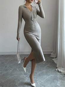 Modelyn 女式纯色长袖纽扣半开襟修身优雅针织连衣裙，秋季 - 灰色 - 查看 5