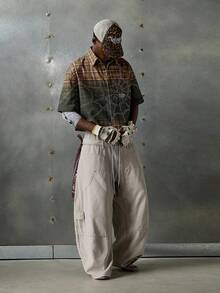 NEON BLANC 男士夏季休闲黄绿色格子水钻蜘蛛网图案短袖衬衫 - 綠色 - 查看 4