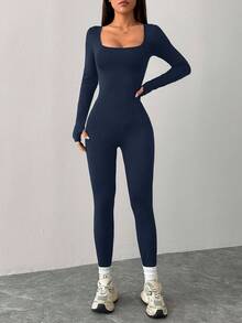 SHEIN PETITE 黑色针织方领紧身休闲运动瑜伽连体裤 - 藏蓝色 - 查看 7