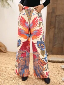 EMERY ROSE Women's High Waist Floral & Animal Print Wide Leg Jeans, Vacation Style - Multicolor - View 3
