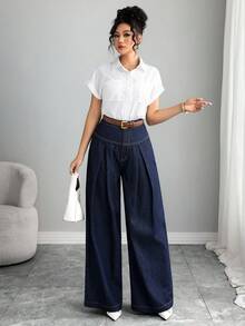 SHEIN Elenzya 女式高腰褶皱口袋阔腿宽松休闲牛仔裤 - 深色水洗藍 - 查看 5