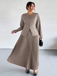 Firerie Plus Size Women Commuter New Faux Pocket Decor Boat Neck Khaki Valentine Office Chic Commuter Elegant High Street Long Sleeve Spring Autumn Blazer Jacket And Pleated Skirt Two Pieces Set Fall Clothes For Women Winter Clothes For Women New Fall Fashion Women