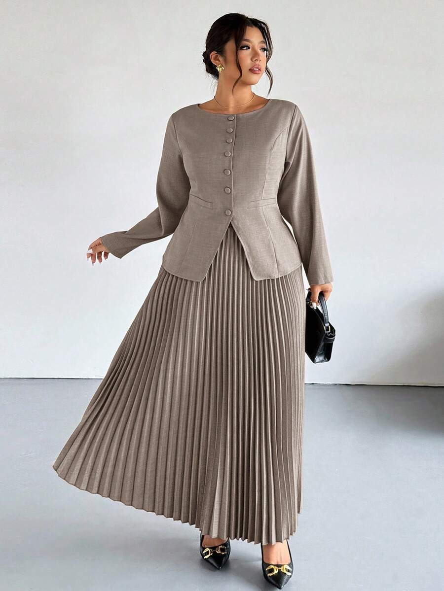 Firerie Plus Size Women Commuter New Faux Pocket Decor Boat Neck Khaki Valentine Office Chic Commuter Elegant High Street Long Sleeve Spring Autumn Blazer Jacket And Pleated Skirt Two Pieces Set Fall Clothes For Women Winter Clothes For Women New Fall Fashion Women