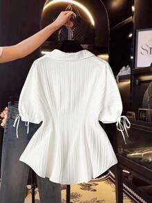 Franclia 优雅短袖衬衫，纹理纯色衬衫，收腰泡泡袖上衣，适合女性 - 白色 - 查看 2