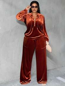 Slaydiva 秋冬新款休闲运动/日常休闲/居家休闲纯色棕色宽松落肩连帽套头T恤和阔腿口袋裤套装，天鹅绒面料，大码女装两件套，秋季女装 - 棕色 - 查看 1