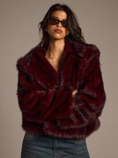 Aloruh 女士优雅纯色连帽仿皮草外套，秋冬季，酒红色外套，复古风格，酒红色基础款外套，商务休闲女装，优雅女装，Y2K风格，感恩节女装，新年女装，圣诞节女装，万圣节女装，秋季女装，冬季女装，冬装外套