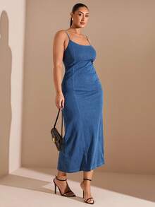 SHEIN BAE Plus Size Sexy Bodycon Denim Slip Dress, Blue - Blue - View 5