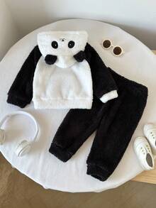 SHEIN 2 件男婴熊猫毛绒连帽套装，温暖休闲熊猫连帽衫 + 毛绒裤子，秋冬 - 黑與白 - 查看 2