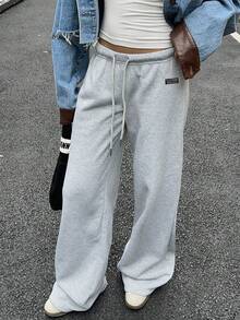 Muchica 休闲运动风格女式秋冬宽松抽绳运动裤，带刺绣字母贴片，适合日常穿着和返校季 - 淺灰色 - 查看 5
