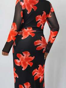 Firerie Vestido de malla de manga larga con volantes y estampado floral elegante y romántico, adecuado para principios de otoño, talla grande - Rojo - Ver 7