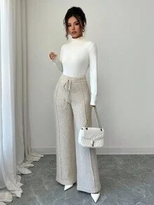 Elenzga Women's High Waist Drawstring Relaxed Fit Luxurious Wool-Like Knit Wide Leg Pants - Light Grey - View 7