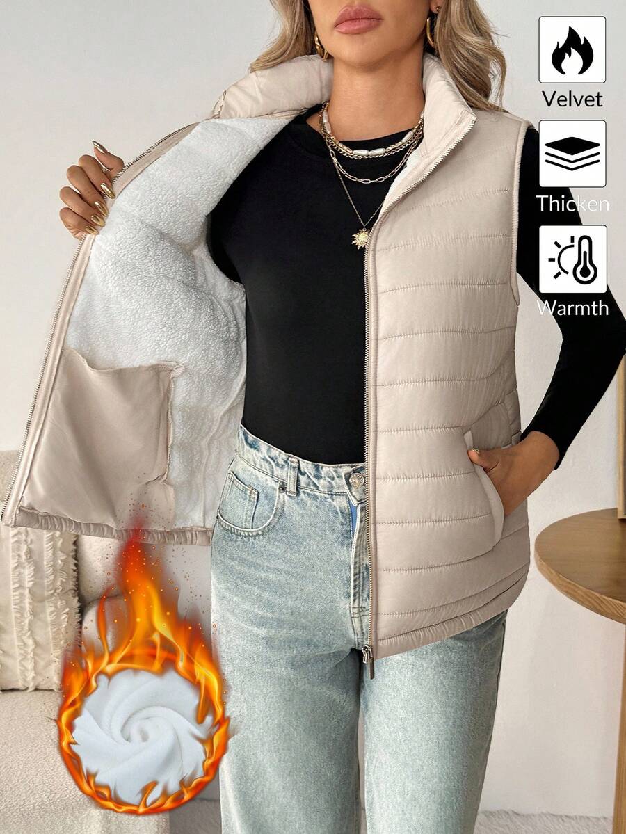 SHEIN LUNE 女士休闲纯色保暖无袖羽绒服，基础款秋冬羽绒背心，适合叠穿，冬季百搭，适合外出穿着，秋季新款，时尚百搭，适合冬季外出穿着。 - 米色 - 查看 1