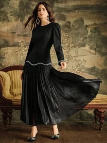 Anewsta Women's Long Dress With Rhinestone Chain And Hem Patchwork Design, Elegant And Fashionable - Black - View 4
