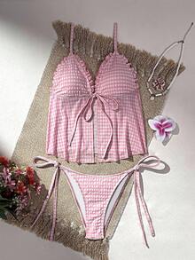 Swim Mod 2pcs Plaid Tie Strap Bikini Set, Summer Beach Holiday Swimwear - Pink - View 7