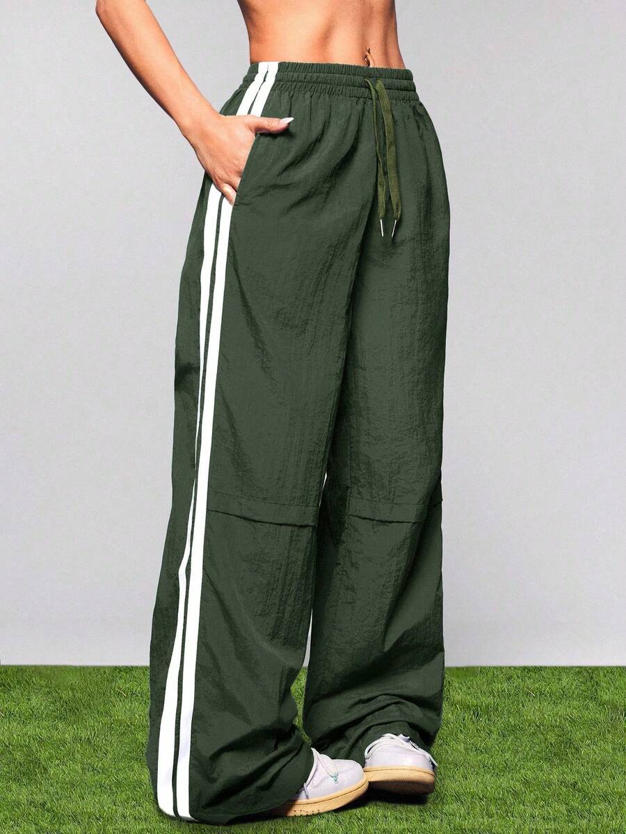 Cheerettes Women Drawstring Waist Pockets Striped Wide Leg Loose Casual Sports Pants