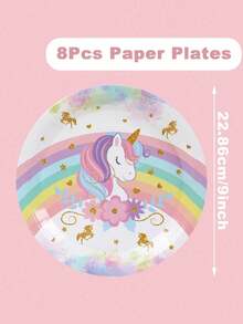 Set 8 veselă decorativă de unică folosință cu tematică de unicorn, 8 farfurii de hârtie de unică folosință de 7 inch și 9 inch, 8 pahare de hârtie, 16 șervețele, tacâmuri de hârtie potrivite pentru petreceri în familie, veselă în stil unicorn curcubeu, provizii de ziua de naștere.