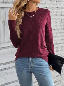 SHEIN LUNE Áo thun nữ tay dài cổ tròn xếp ly màu trơn đơn giản, thoải mái - Màu Đỏ Sâu - Xem 4