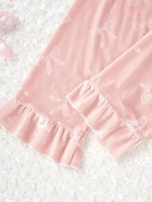 Genkimix Kids 2pcs/Set Cute Velvet Bow & Floral Print Long Sleeve Cardigan And Pants, Comfortable Casual Loungewear For Girls Girls Pink Pajama Set Fall Winter - Pink - View 7