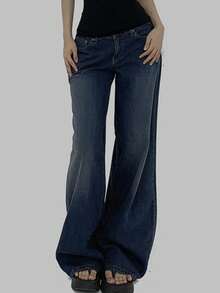 DAZY 女款复古高腰喇叭牛仔裤，设计感十足的高腰修身垂坠长裤 - 藏蓝色 - 查看 3