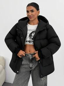EURMUSE Casual Solid Color Hooded Jacket, Winter - Black - View 3