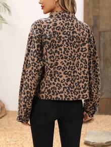 EMERY ROSE 女式豹纹长袖单排扣休闲牛仔夹克，秋季 - 鏽棕色 - 查看 2