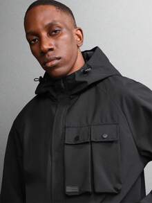 SUMWON 多功能连帽夹克，带多个口袋，全长拉链，都市外套，冬季秋季休闲风格，宽松版型，过渡天气夹克 - 黑色 - 查看 5