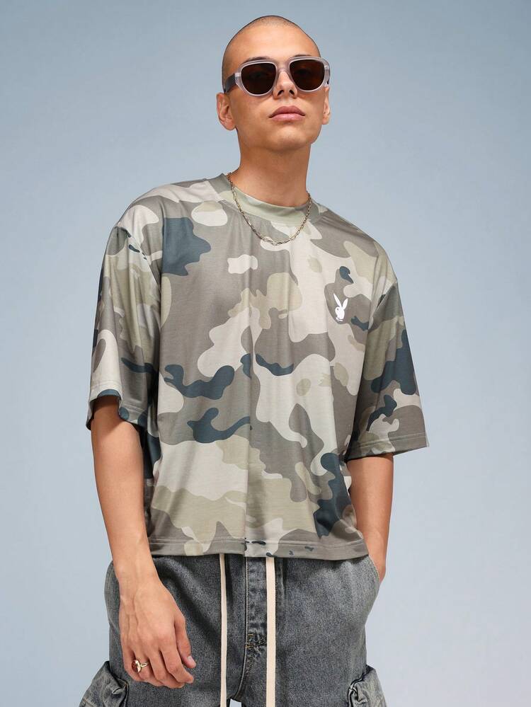 PLAYBOY X SUMWON Oversized Street Style Military Print Bunny Logo T-Shirt Festival Concert Streetwear Relaxed Summer Spring Casual Weekend