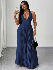 Maweii Vestido de satén plisado con lazo, elegante y sexy para vacaciones de verano, talla grande - Azul Marino - Ver 1