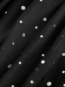 SHEIN MOD 时尚性感亮片装饰不对称领口长袖透视T恤，网纱二合一喇叭袖长袖女式上衣，西部风，复古风，70年代风格，单身派对，秋季女装，圣诞节，黑色上衣，亮片上衣，派对装，黑色上衣，闪光上衣 - 黑色 - 查看 4