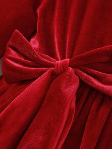 Young Girls Elegant Velvet Long Sleeve Dress, Decorated With Mesh And Bow For Vibe, Suitable For Christmas Party, Daily Wear In Autumn/Winter - Red - View 6