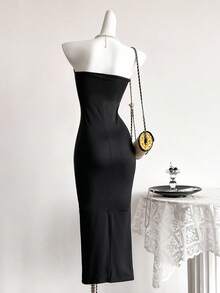 SHEIN Teen Girls Strapless Slit Snug Fit Dress, Fashionable , Fitted Design, High Waist Slit, Suitable For Parties - Black - View 2