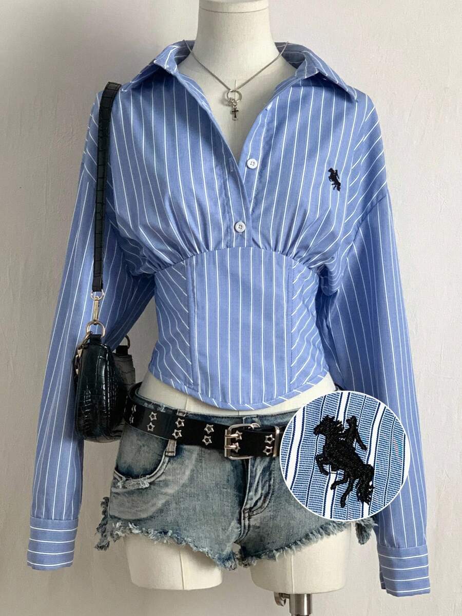 SHEIN EZwear Work/Office Back To School Fall Clothes Blue Striped Woven Women's Long Sleeve Shirt Blue And White Striped Shirt - Blue and White - View 1