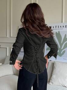 SHEIN EZwear Women's Casual Front Button Back Tie Waist Fitted Long Sleeve Shirt, Suitable For Fall And Winter, Polka Dot Print, Classic Retro Chic Blouses For Women