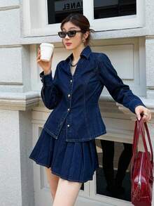 K-Vae 女士全牛仔蓝色复古做旧风格短裤套装，长袖单排扣上衣和百褶裙休闲牛仔套装，返校节服装，外出装，商务休闲女装